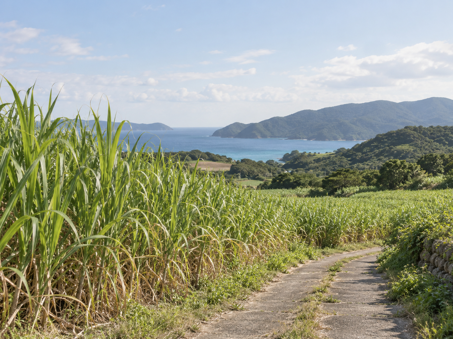
                  
                    加計呂麻島のさとうきび畑と海を写した産地画像。ALE ONEの有機きび砂糖「the sugar」の原料であるさとうきび畑
                  
                